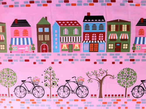 TT Paisaje bicicletas en fondo rosa. Timeless Treasures.