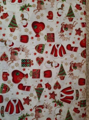 X'mas fabric. Presents in white background. 140cm wide.