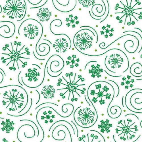 . X'mas Fabric. Green snowflakes in white background.