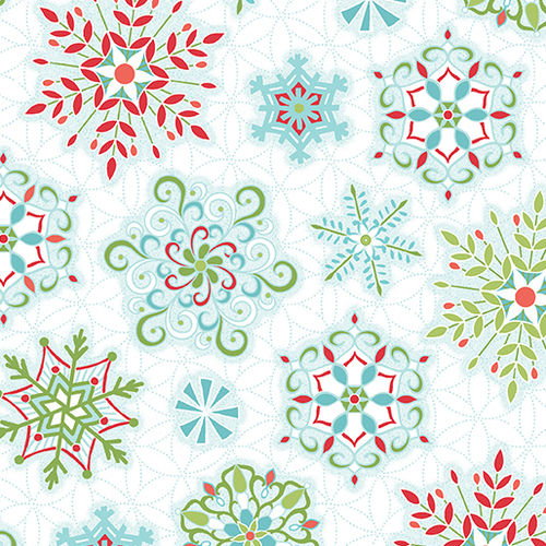SPARKLE. Tela Navidad Copos de nieve multicolor en fondo blanco.