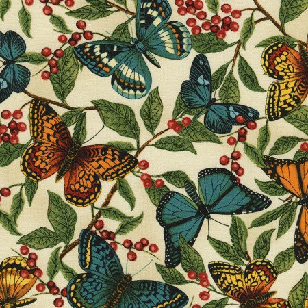 ZEN. Mariposas multicolor en fondo beige en tela de patchwork.
