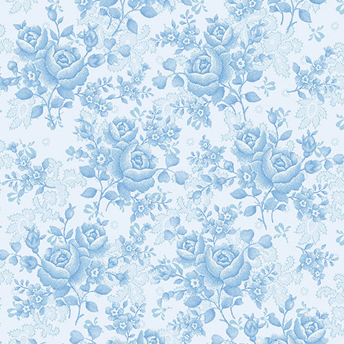 Back Patchwork flowers on blue. Bernatex. Total fabric width 2.80 approx.