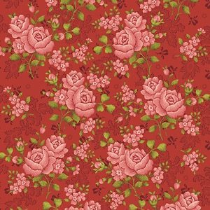Back Patchwork flowers on red background.  Total fabric width 2.80 approx.