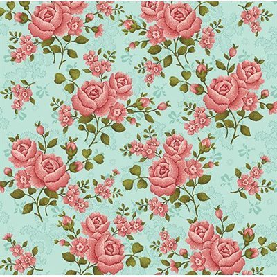 Back Patchwork flowers on turquoise background.  Total fabric width 2.80 approx.