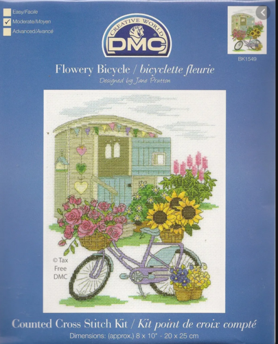 BK1549. Kit DMC Punto de croce. Materiali inclusi. FLOWERY BICYCLE.