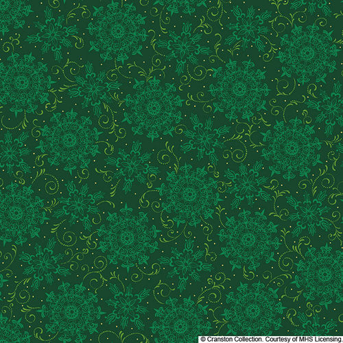 . X'mas Fabric. Green snowflakes in green background.