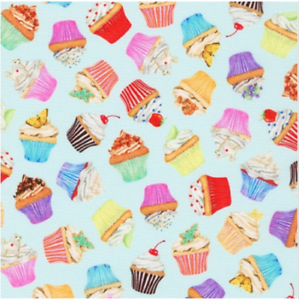 SWEET TOOTH. Cupcakes in turquoise background. ROBERT KAUFMAN