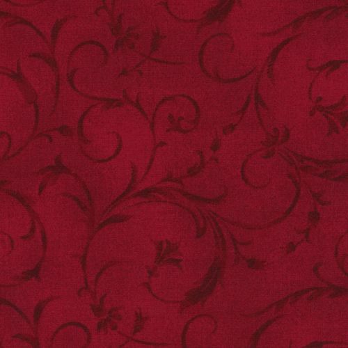 Back Patchwork flowers on dark red background. Maywood Studio. Total fabric width 2.80 approx.