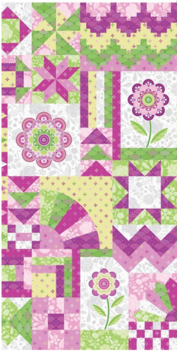 FROLIC-PINK. Panel patchwork en fondo rosa.  Medida aprox. 61x110