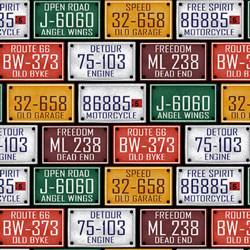 MY TOOLS MY RULES: License plates on red brick background.