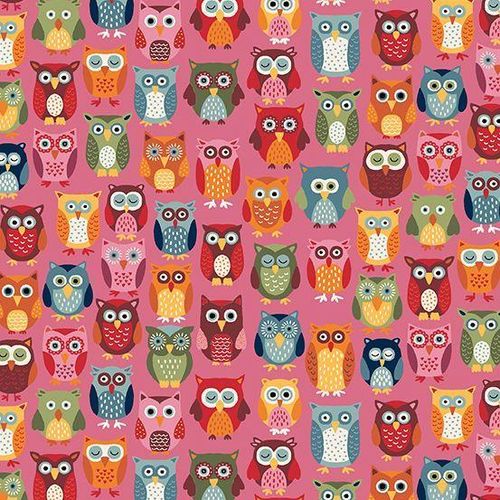 MAKOWER: AUTUMN DAYS. Owls in pink background.